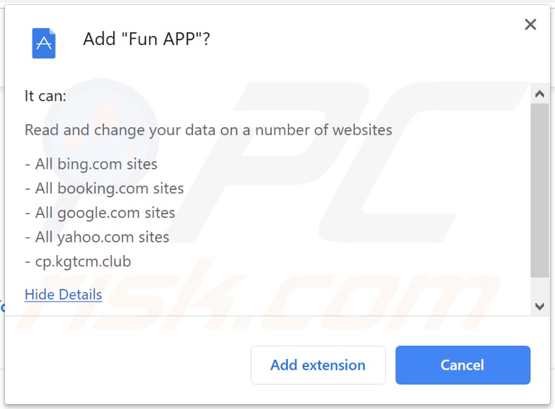fun app browser hijacker asks for a permission to read and modify various data