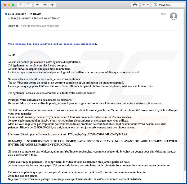 Hacker Who Has Access To Your Operating System email scam French variant