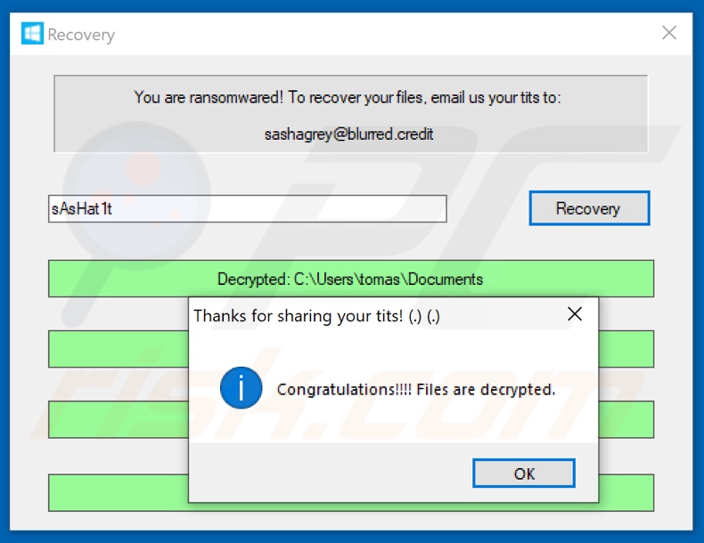iwanttits ransomware pop-up displayed after the password (sAsHat1t) is entered