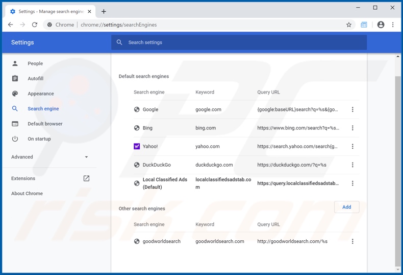 Removing search.localclassifiedsadstab.com from Google Chrome default search engine