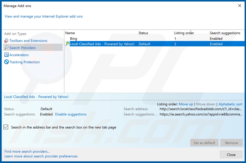 Removing search.localclassifiedsadstab.com from Internet Explorer default search engine