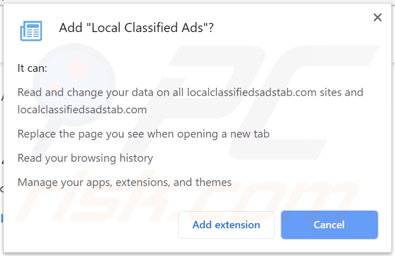 Local Classified Ads browser hijacker asking for permissions