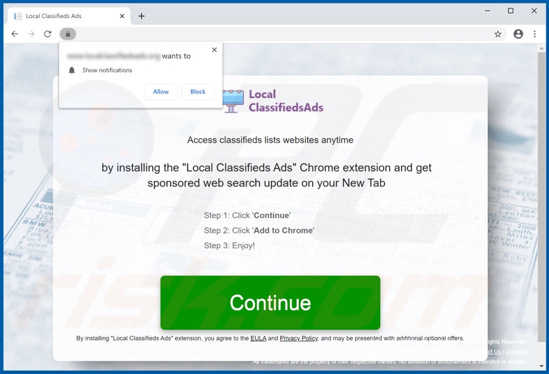Website used to promote Local Classified Ads browser hijacker