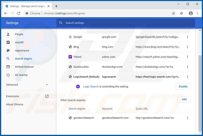 Removing feed.logic-search.com from Google Chrome default search engine