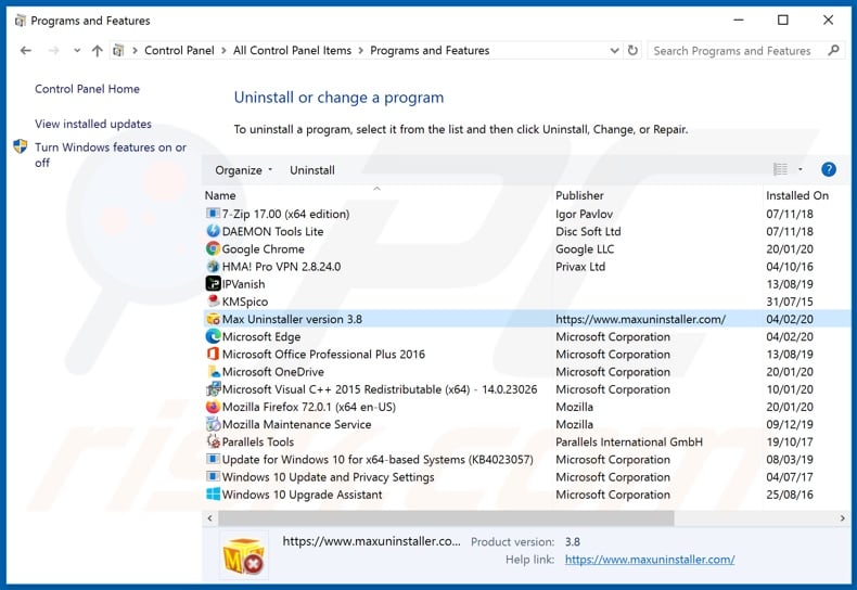 Max Uninstaller adware uninstall via Control Panel
