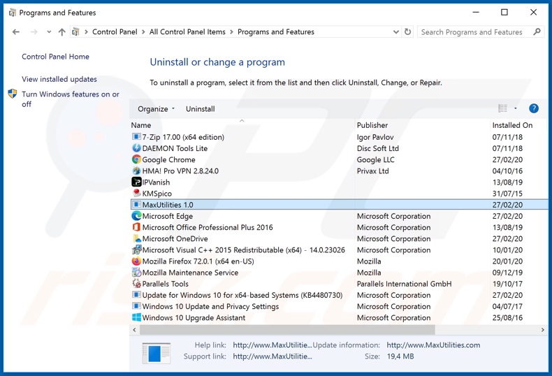 Max Utilities adware uninstall via Control Panel