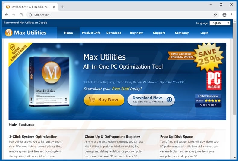 Website used to promote Max Utilities PUA