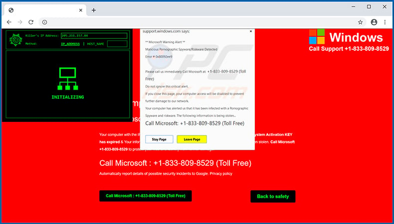 Microsoft Warning Alert pop-up scam Killer IP Address