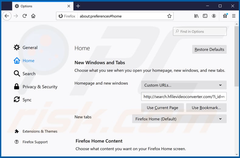 Removing search.hfilevideoconverter.com from Mozilla Firefox homepage