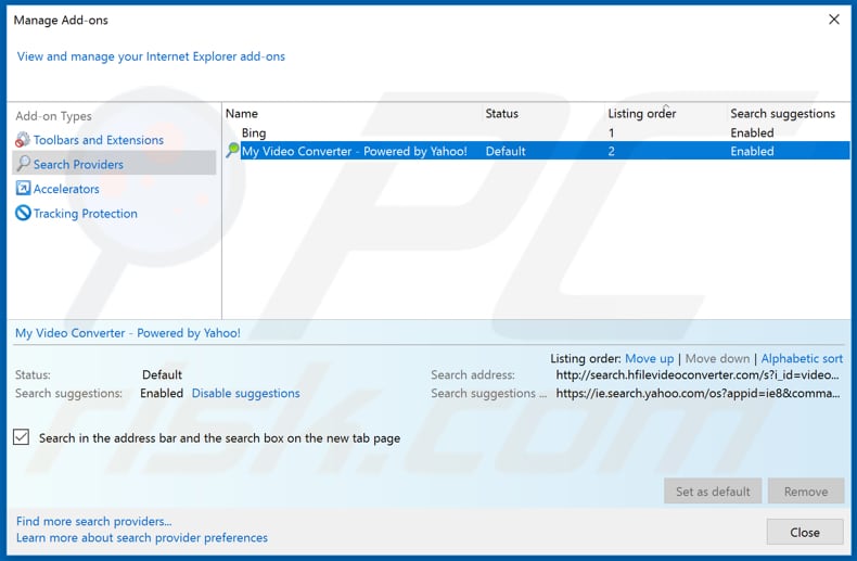 Removing search.hfilevideoconverter.com from Internet Explorer default search engine