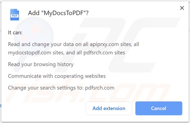 MyDocsToPDF browser hijacker asking for permissions