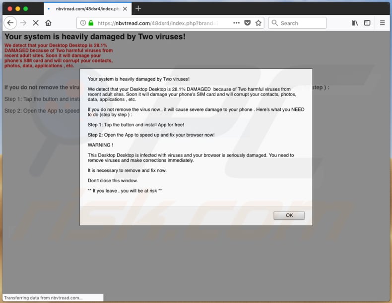 nbvtread.com scam desktop version pop-up