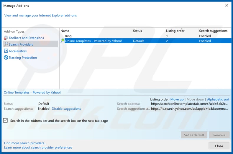 Removing search.onlinetemplatestab.com from Internet Explorer default search engine