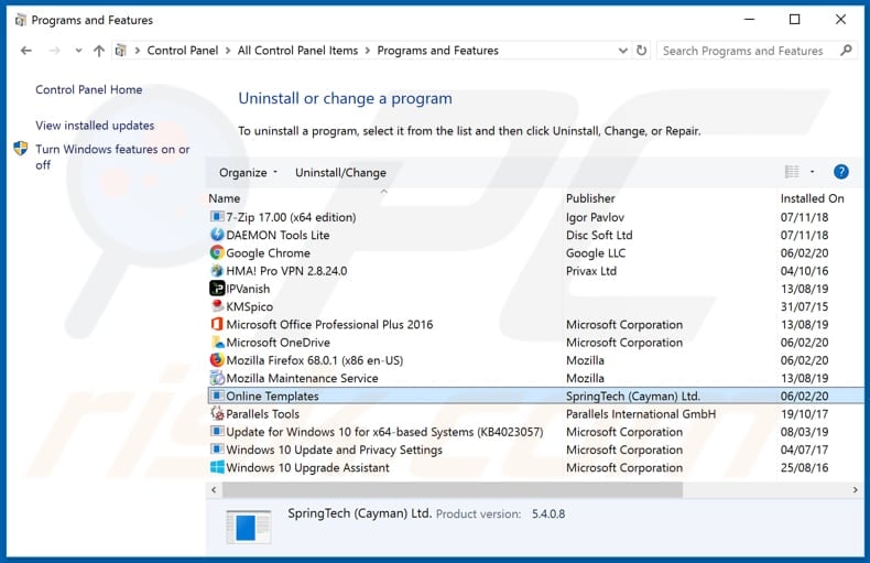 search.onlinetemplatestab.com browser hijacker uninstall via Control Panel