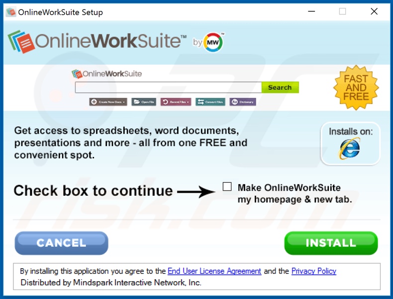 Official OnlineWorkSuite browser hijacker installation setup
