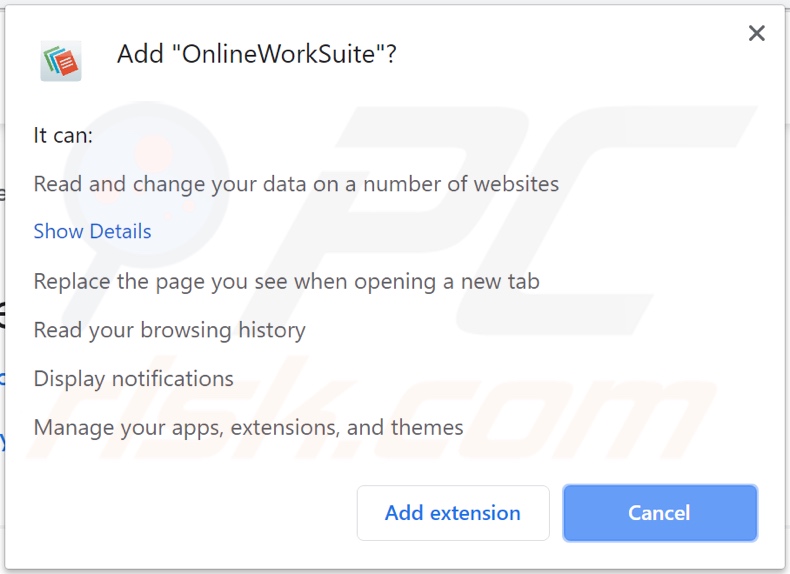 OnlineWorkSuite browser hijacker asking for permissions