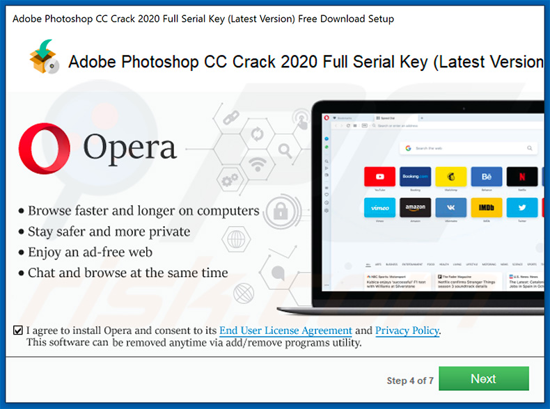 Fake Adobe Photoshop CC cracking tool promoting the Opera web browser
