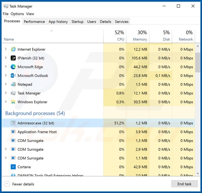admiresor.exe malicious process in task manager