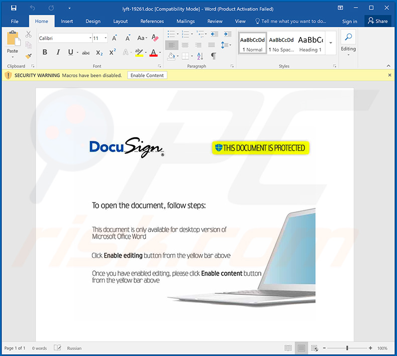 Malicious MS Word document (lyft-1926441.doc) used to inject Predator The Thief malware into the system
