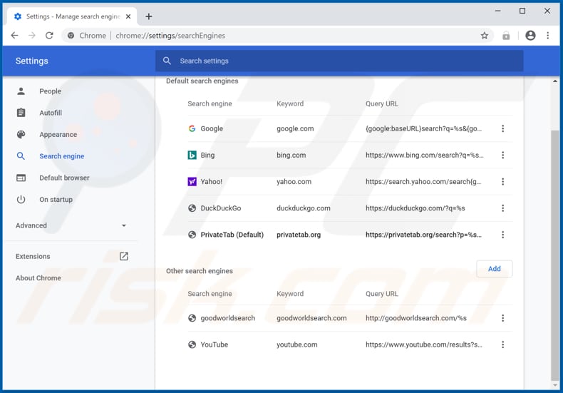 Removing privatetab.org from Google Chrome default search engine