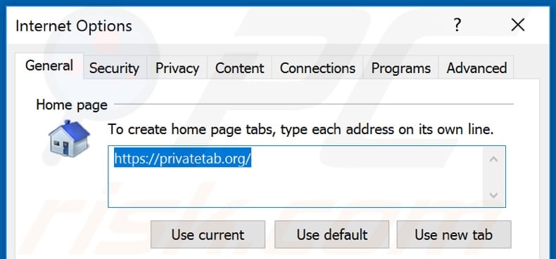 Removing privatetab.org from Internet Explorer homepage