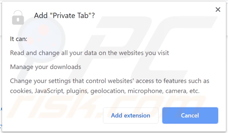 private tab browser hijacker asks for a permission to read and change data
