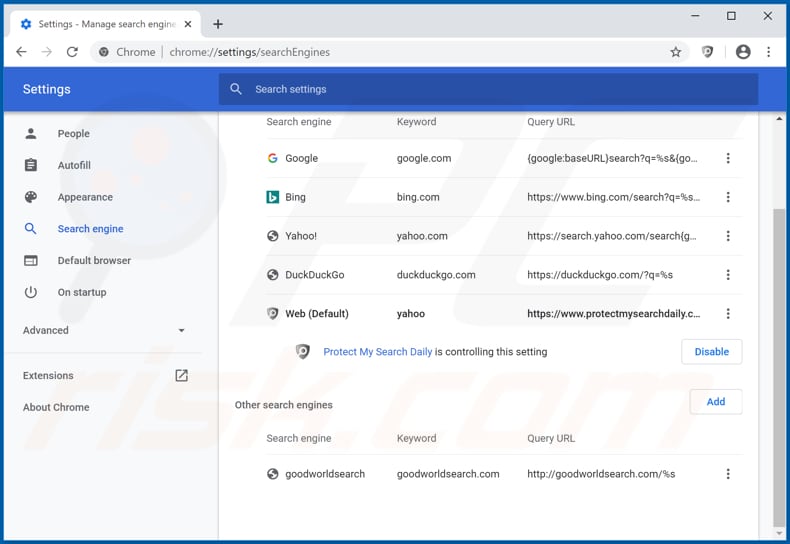 Removing protectmysearchdaily.com from Google Chrome default search engine