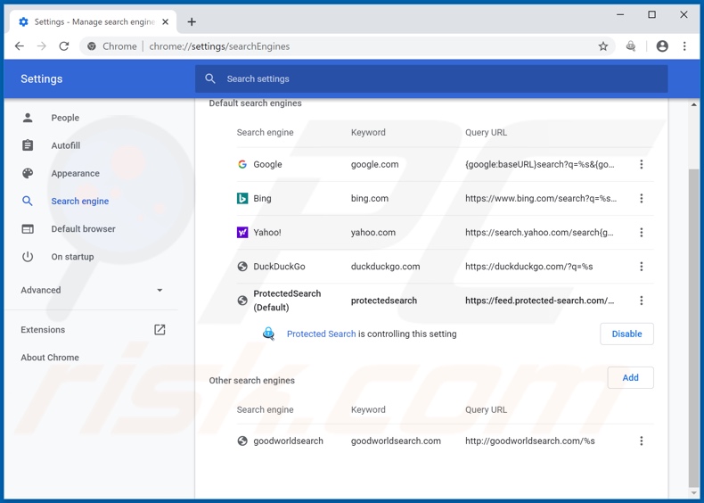 Removing feed.protected-search.com from Google Chrome default search engine