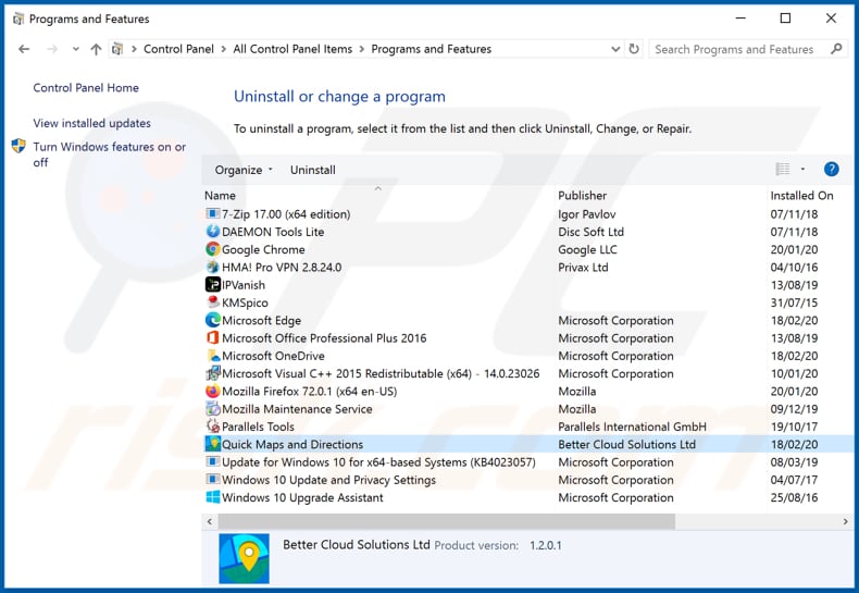 Quick Maps and Directions adware uninstall via Control Panel