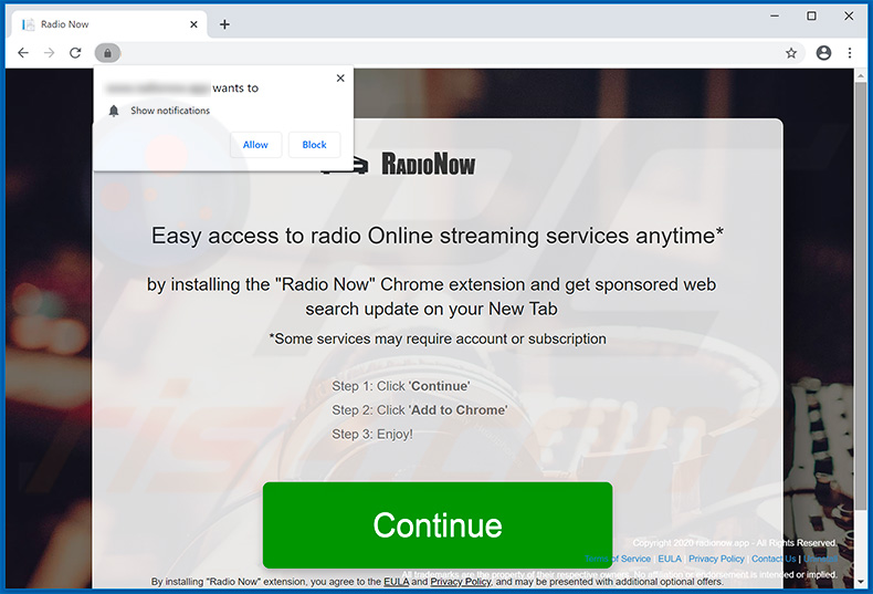 Radio Now App browser hijacker-promoting website