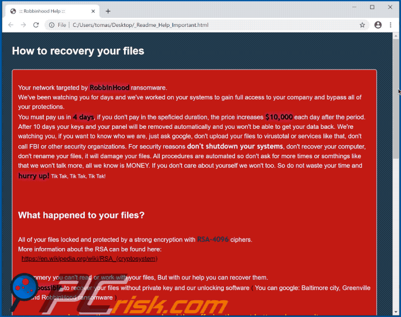 Ransom note dropped by the updated RobbinHood ransomware (GIF)