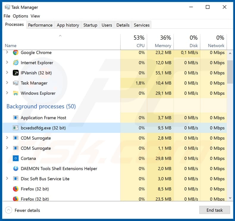 ShadowTechRAT bcxedsdfdg.exe process in Task Manager