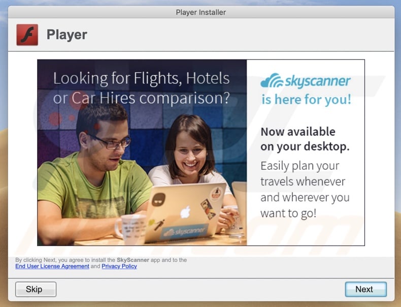 Another dubious installer (fake Flash Payer updater) promoting SkyScanner app