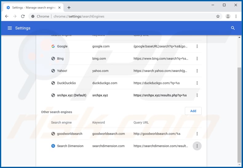 Removing srchpx.xyz from Google Chrome default search engine