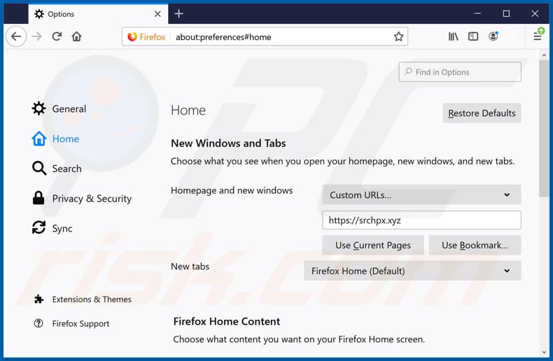 Removing srchpx.xyz from Mozilla Firefox homepage