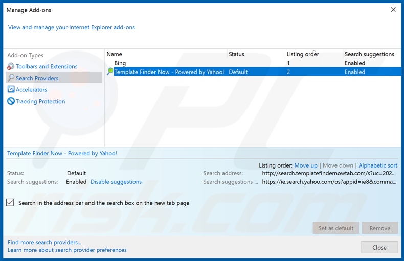 Removing search.templatefindernowtab.com from Internet Explorer default search engine