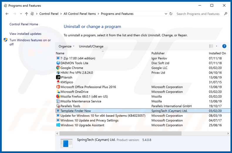 search.templatefindernowtab.com browser hijacker uninstall via Control Panel