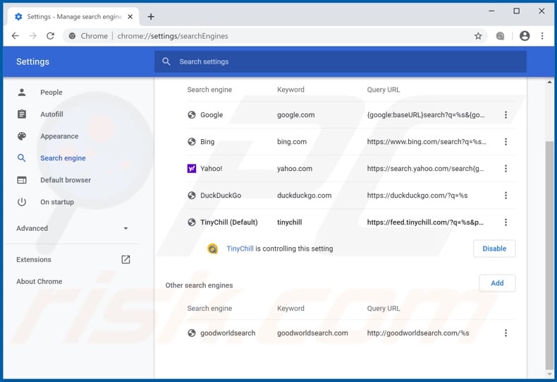 Removing feed.tinychill.com from Google Chrome default search engine