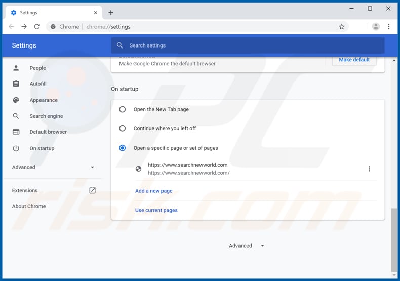 Removing searchnewworld.com from Google Chrome homepage