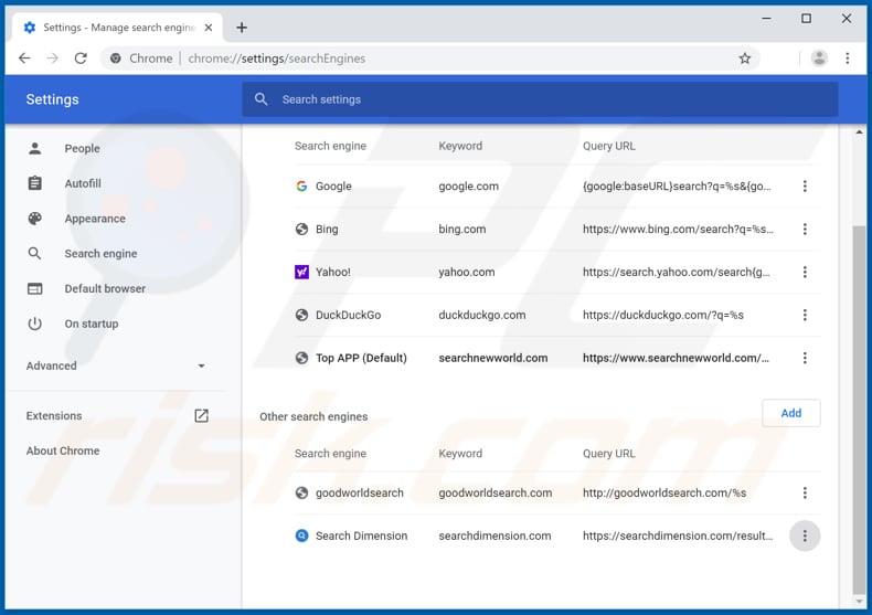 Removing searchnewworld.com from Google Chrome default search engine