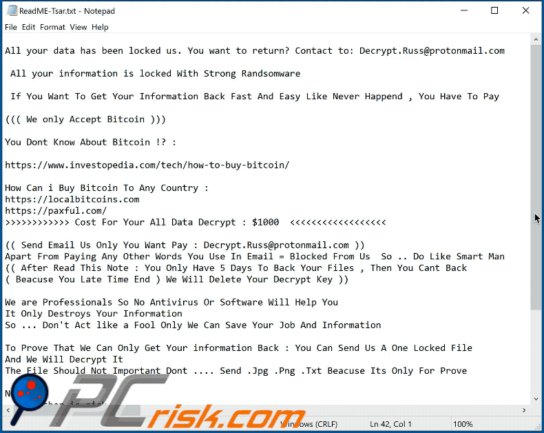 Tsar ransomware text note appearance GIF (ReadME-Tsar.txt)