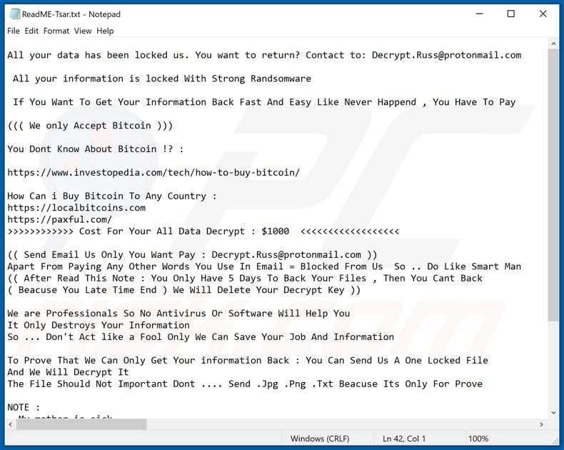 Tsar ransomware text file (ReadME-Tsar.txt)