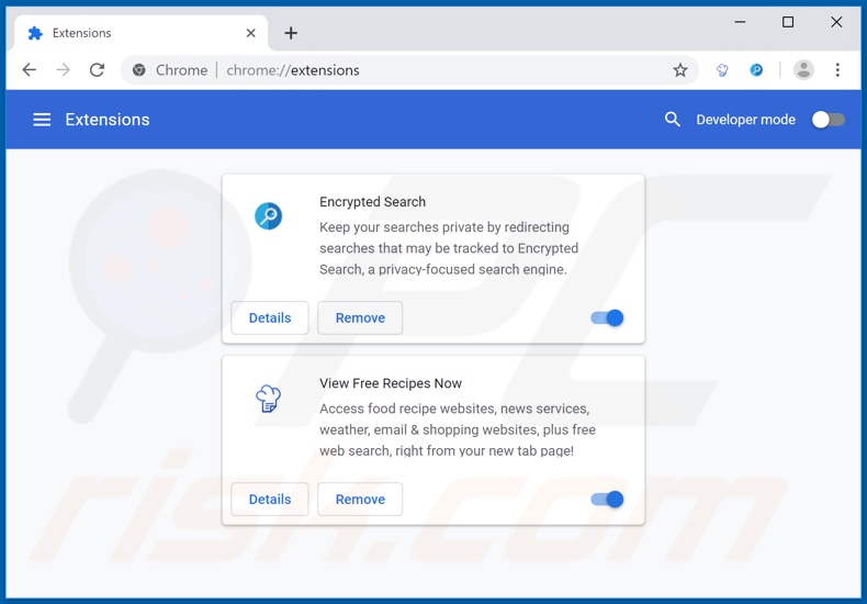 Removing search.viewfreerecipesnowtab.com related Google Chrome extensions