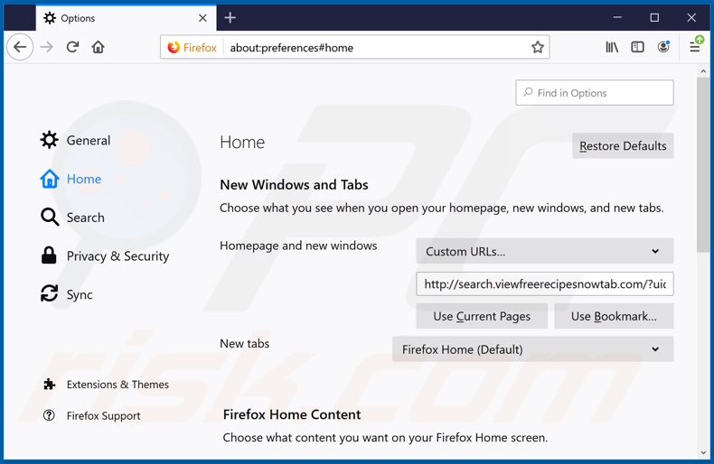 Removing search.viewfreerecipesnowtab.com from Mozilla Firefox homepage