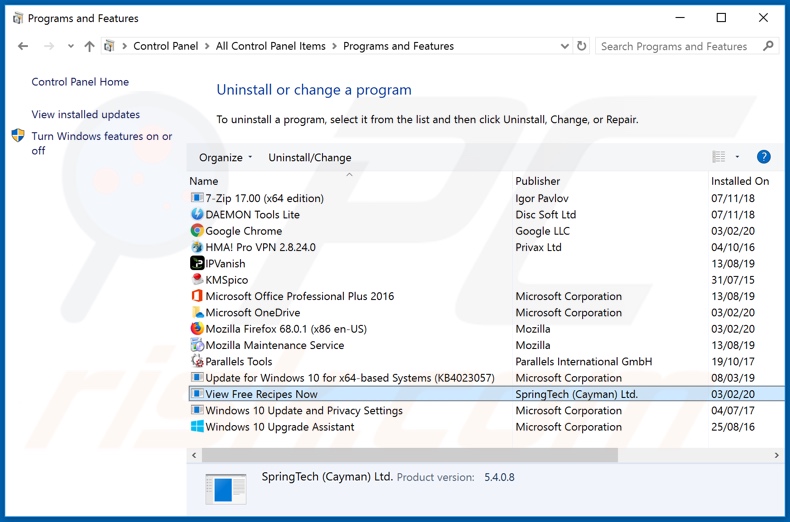 search.viewfreerecipesnowtab.com browser hijacker uninstall via Control Panel