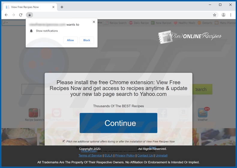 Website used to promote View Free Recipes Now browser hijacker
