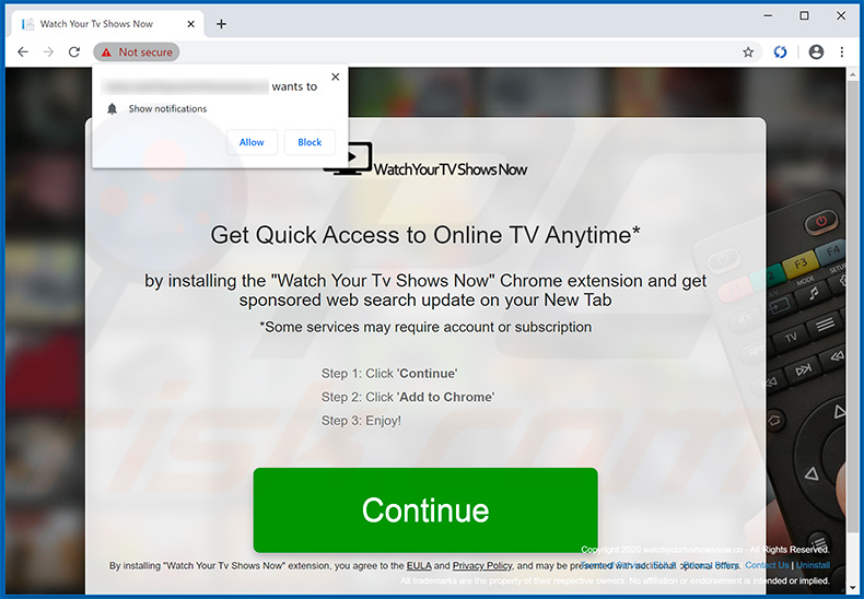 Watch Your TV Shows Now browser hijacker-promoting website