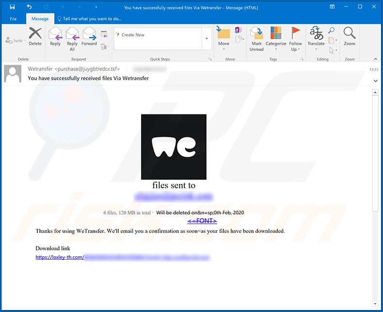 WeTransfer email spam campaign (February 13, 2020)