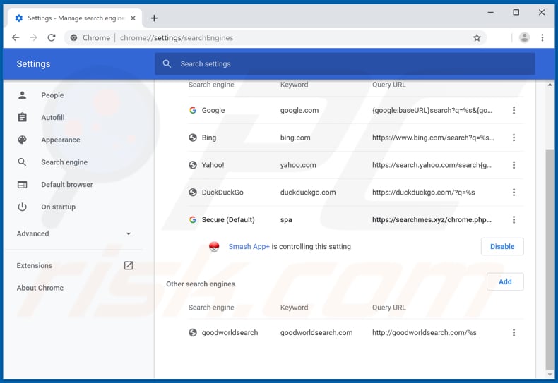 Removing xscx.xyz from Google Chrome default search engine