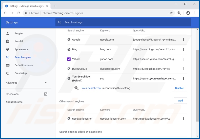Removing search.yoursearchtool.com from Google Chrome default search engine